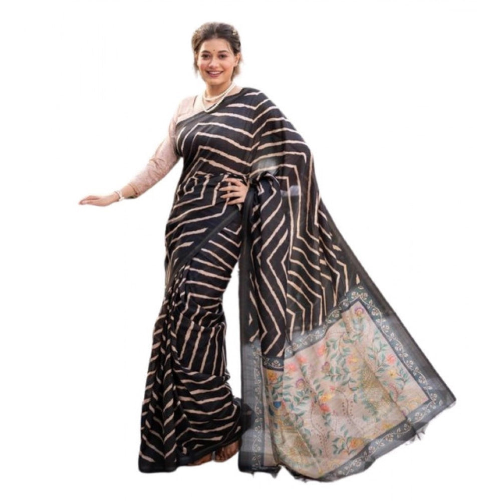 Generic Women's Faux_Tussar_Silk Geometric_Print Saree With Unstitched Blouse 5.5MtrÂ (Black)