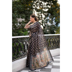 Generic Women's Faux_Tussar_Silk Geometric_Print Saree With Unstitched Blouse 5.5MtrÂ (Black)