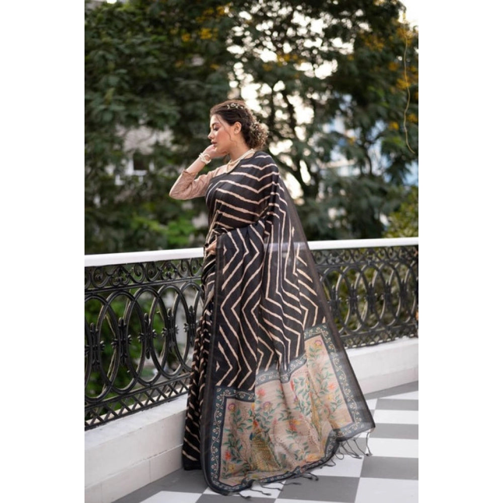 Generic Women's Faux_Tussar_Silk Geometric_Print Saree With Unstitched Blouse 5.5MtrÂ (Black)