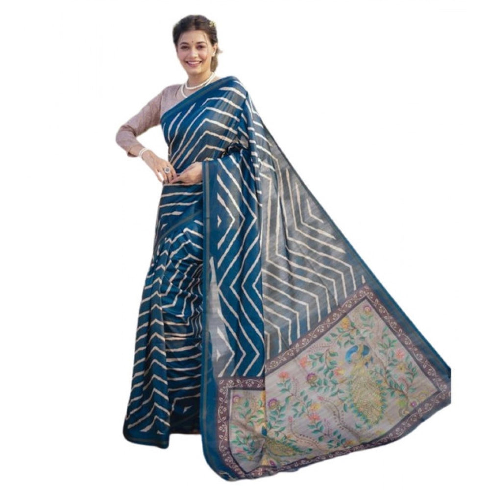 Generic Women's Faux_Tussar_Silk Geometric_Print Saree With Unstitched Blouse 5.5MtrÂ (Blue)