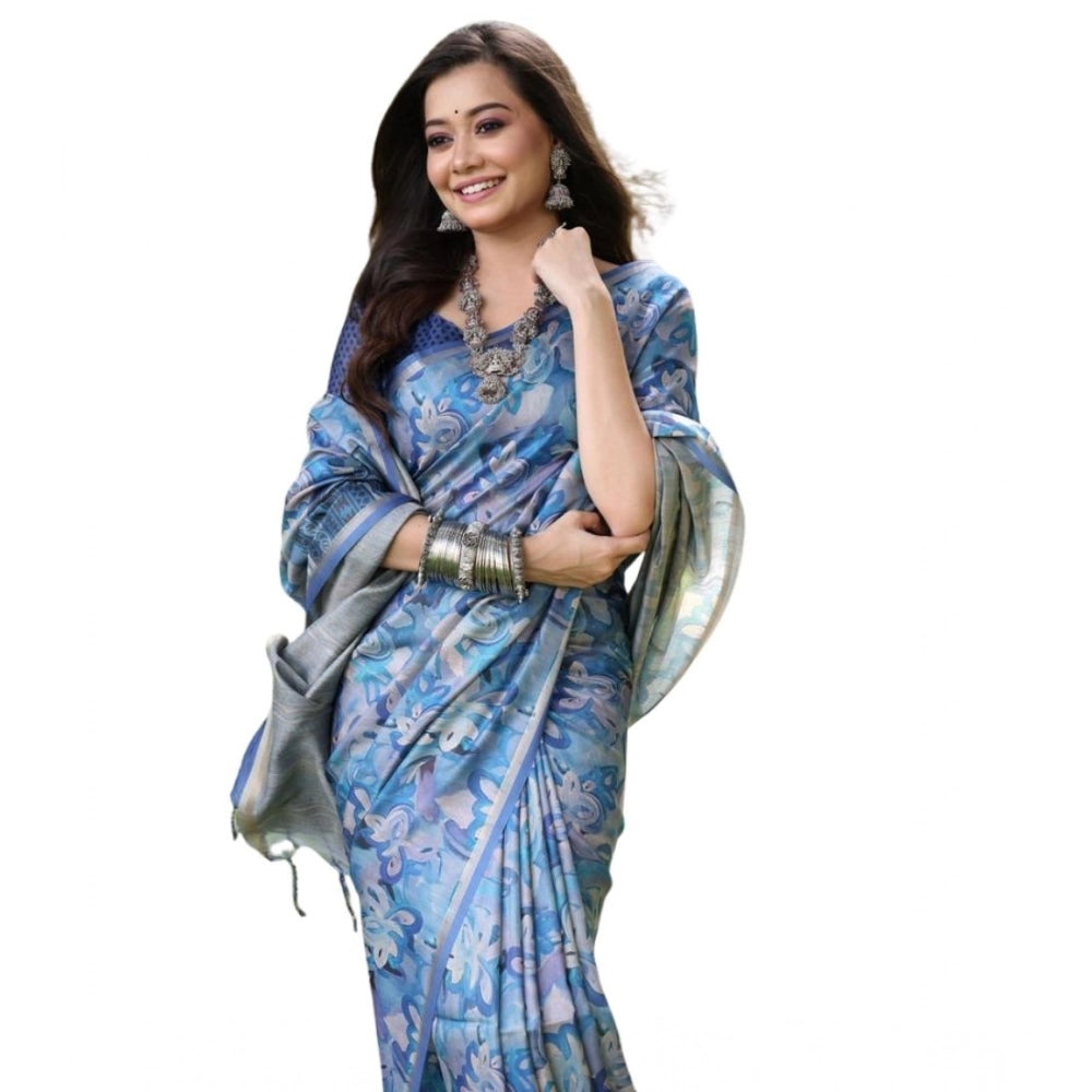 Generic Women's Faux_Tussar_Silk Abstract_Print Saree With Unstitched Blouse 5.5MtrÂ (Blue)