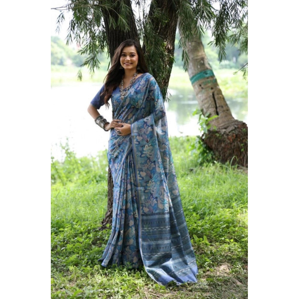 Generic Women's Faux_Tussar_Silk Abstract_Print Saree With Unstitched Blouse 5.5MtrÂ (Blue)