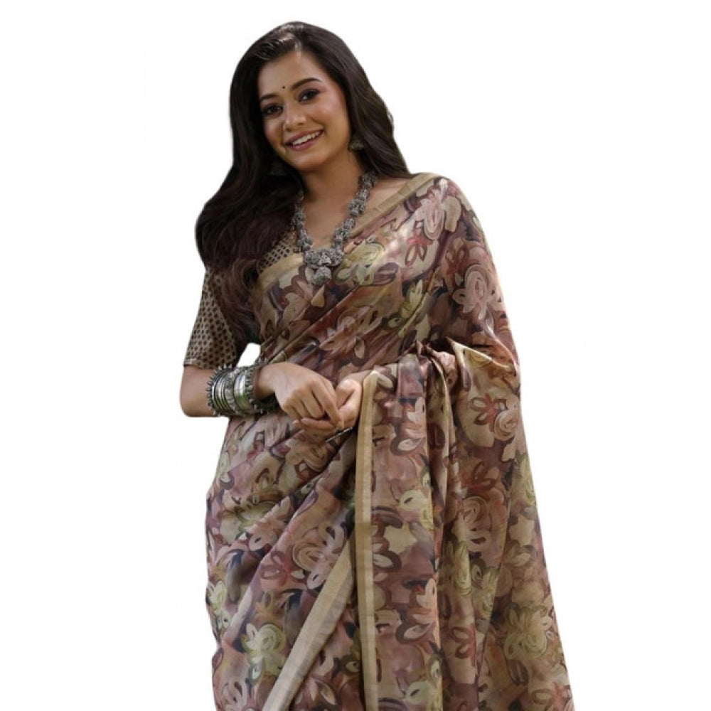Generic Women's Faux_Tussar_Silk Abstract_Print Saree With Unstitched Blouse 5.5MtrÂ (Brown)