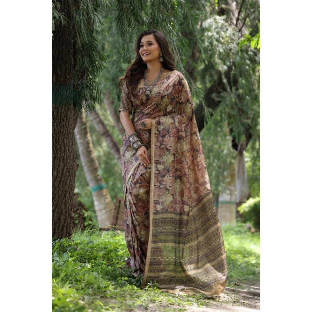 Generic Women's Faux_Tussar_Silk Abstract_Print Saree With Unstitched Blouse 5.5MtrÂ (Brown)
