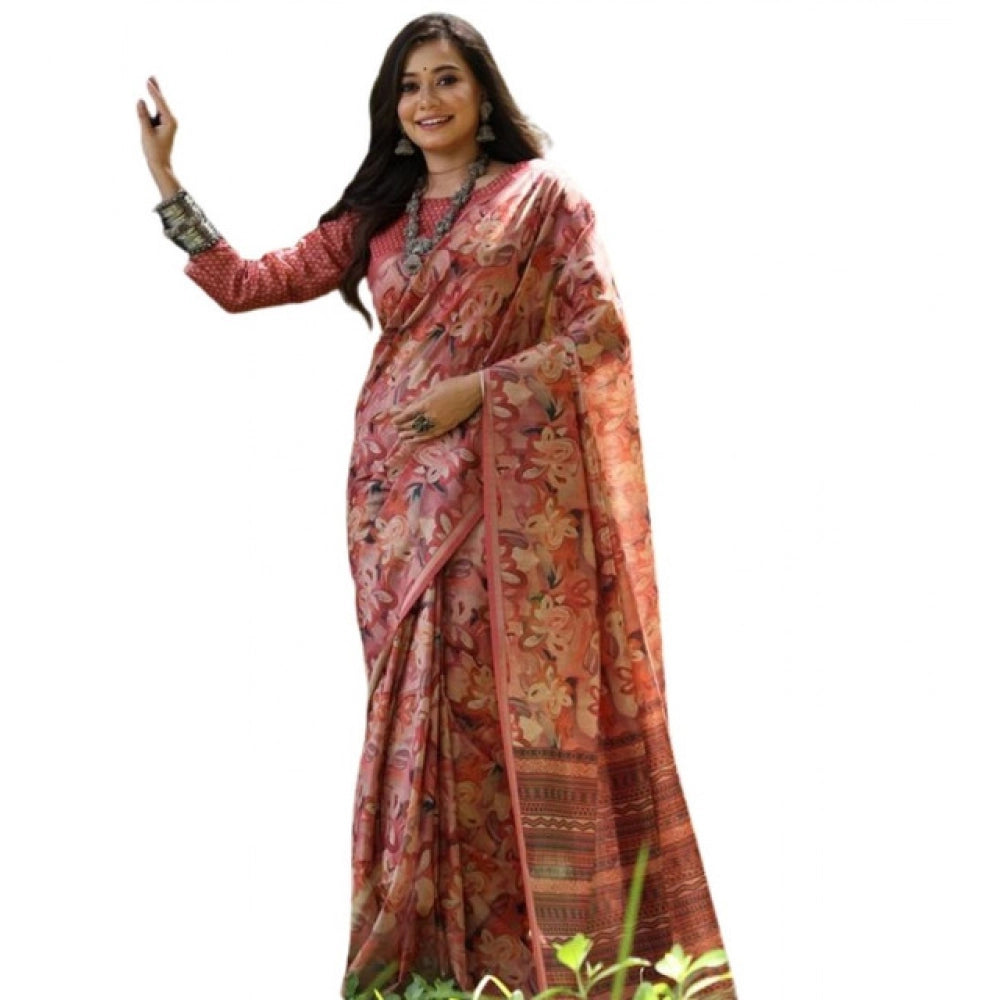Generic Women's Faux_Tussar_Silk Abstract_Print Saree With Unstitched Blouse 5.5MtrÂ (Peach)