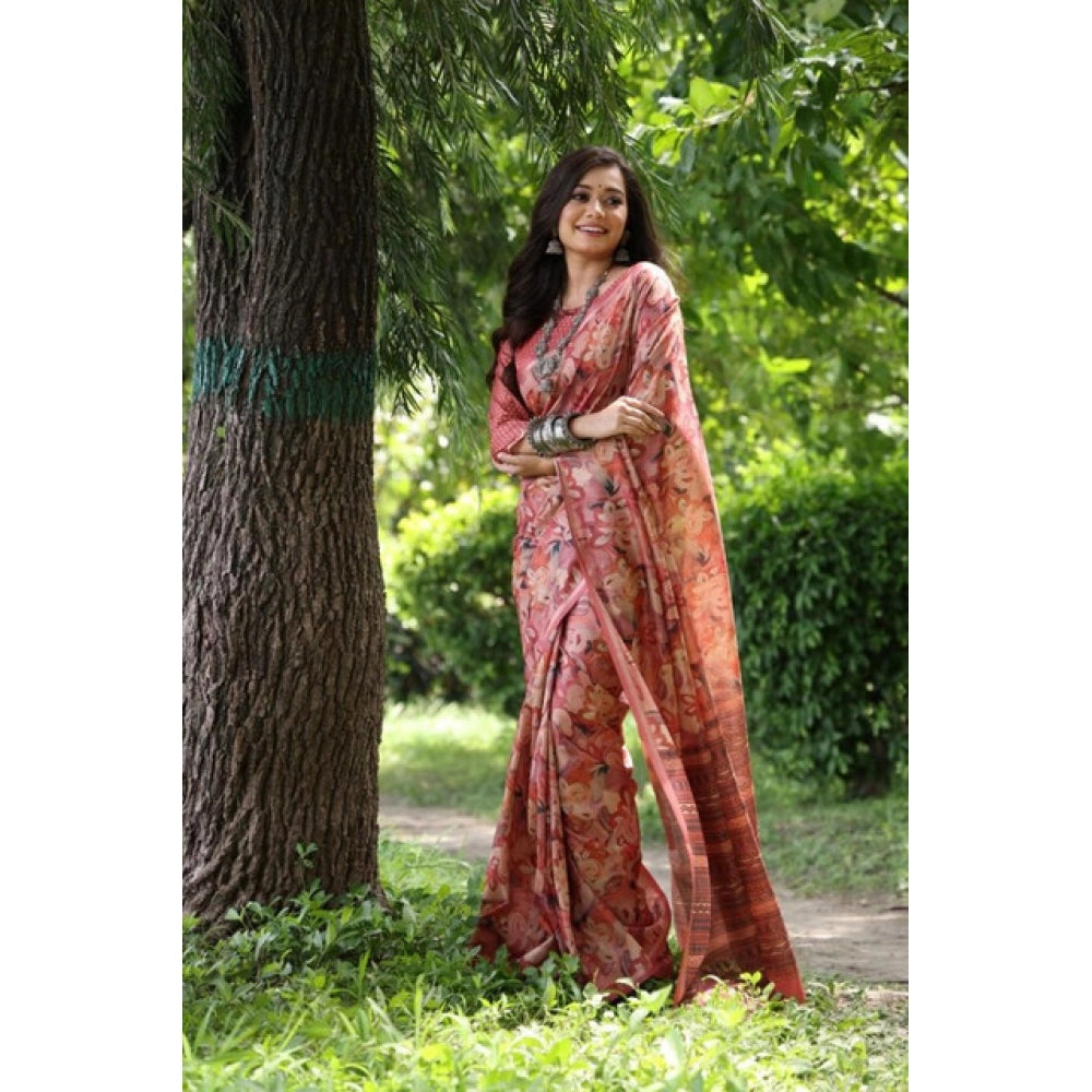 Generic Women's Faux_Tussar_Silk Abstract_Print Saree With Unstitched Blouse 5.5MtrÂ (Peach)