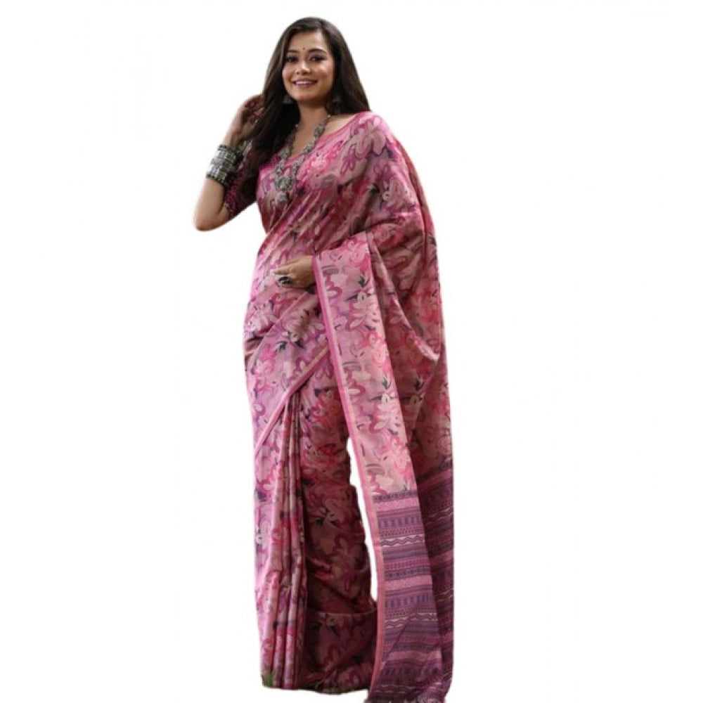 Generic Women's Faux_Tussar_Silk Abstract_Print Saree With Unstitched Blouse 5.5MtrÂ (Pink)