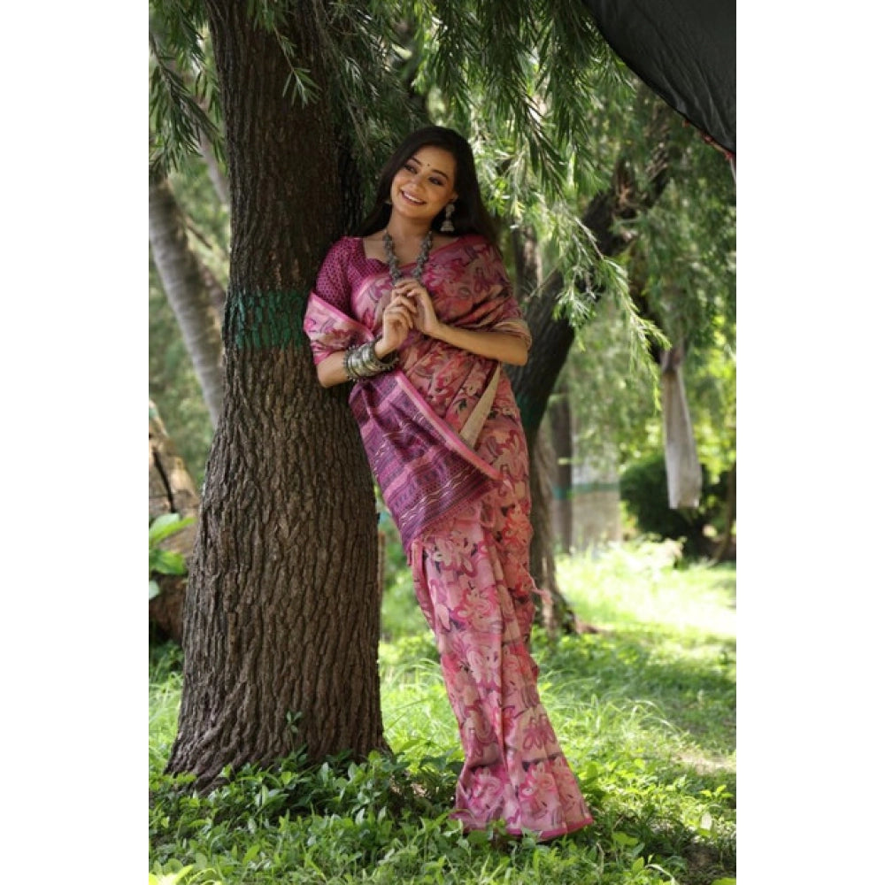Generic Women's Faux_Tussar_Silk Abstract_Print Saree With Unstitched Blouse 5.5MtrÂ (Pink)