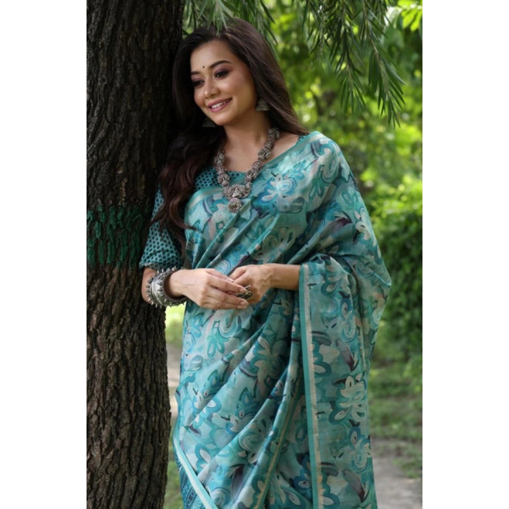 Generic Women's Faux_Tussar_Silk Abstract_Print Saree With Unstitched Blouse 5.5MtrÂ (Sea_Green)
