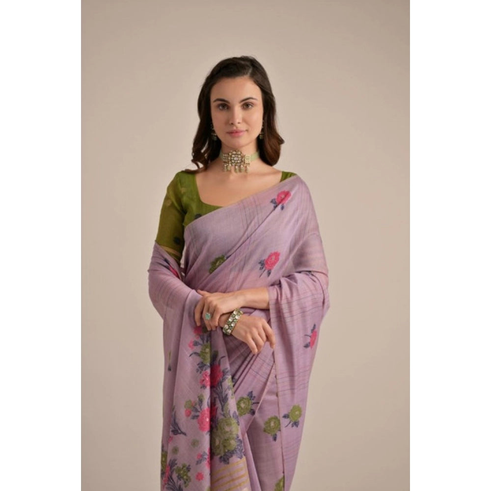 Generic Women's Blended_Cotton Floral Motifs And Woven Buttas Saree With Unstitched Blouse 5.5MtrÂ (Lavender)