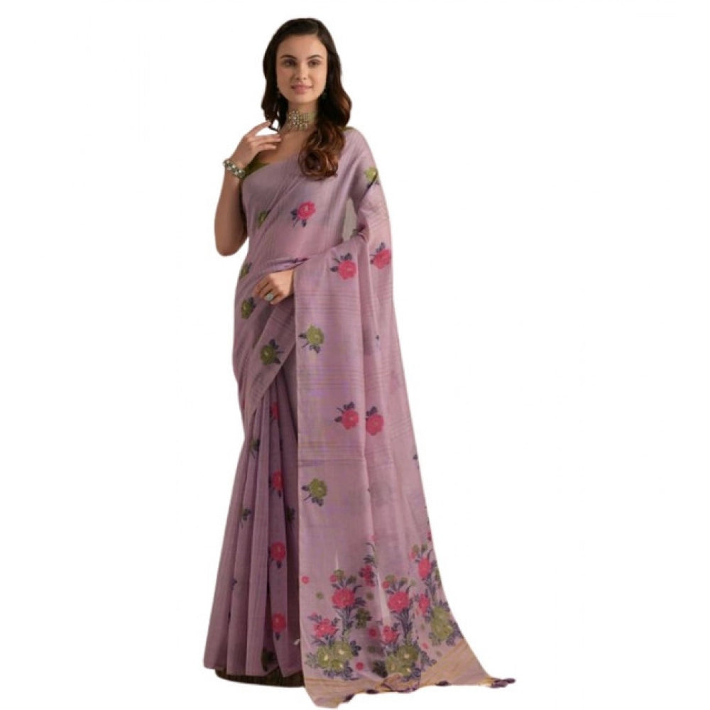 Generic Women's Blended_Cotton Floral Motifs And Woven Buttas Saree With Unstitched Blouse 5.5MtrÂ (Lavender)