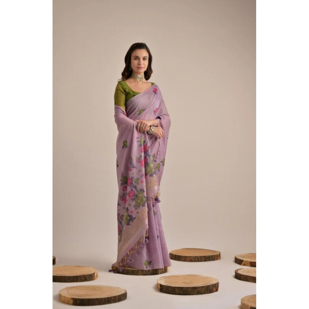 Generic Women's Blended_Cotton Floral Motifs And Woven Buttas Saree With Unstitched Blouse 5.5MtrÂ (Lavender)