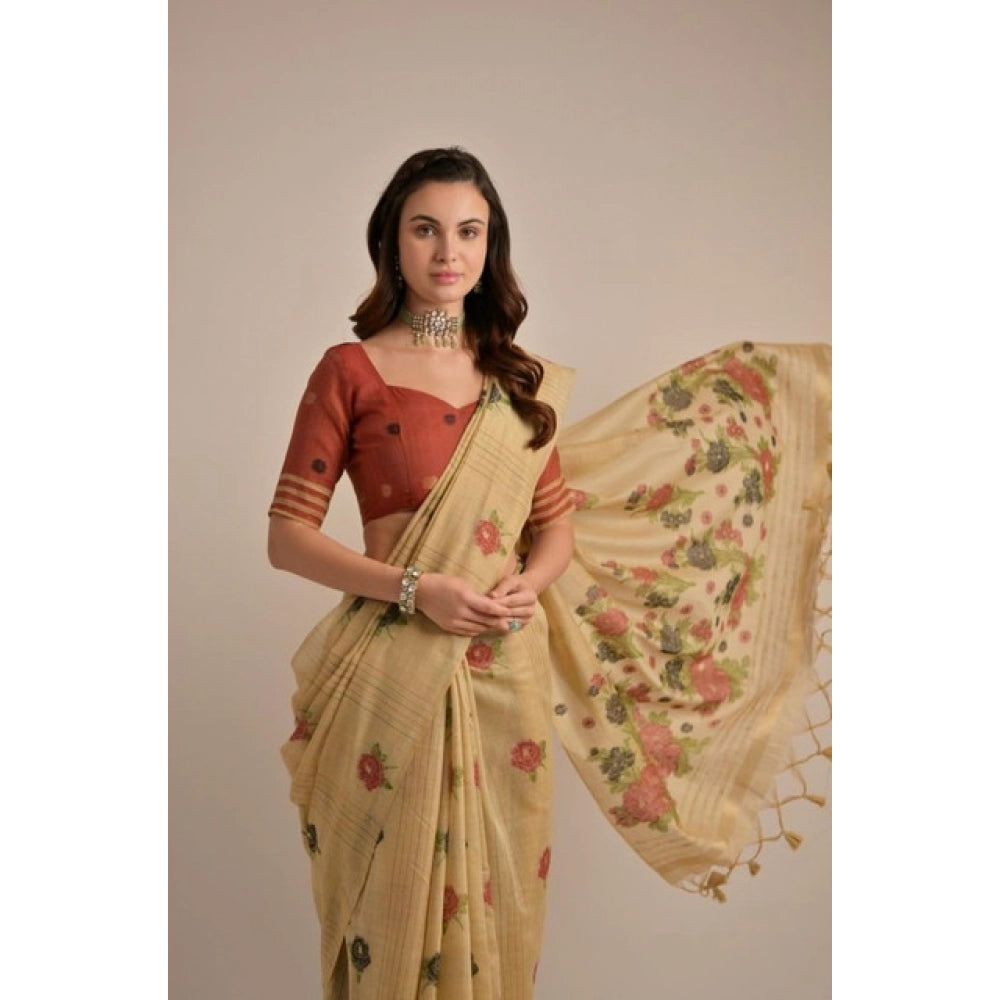 Generic Women's Blended_Cotton Floral Motifs And Woven Buttas Saree With Unstitched Blouse 5.5MtrÂ (Light_Beige)