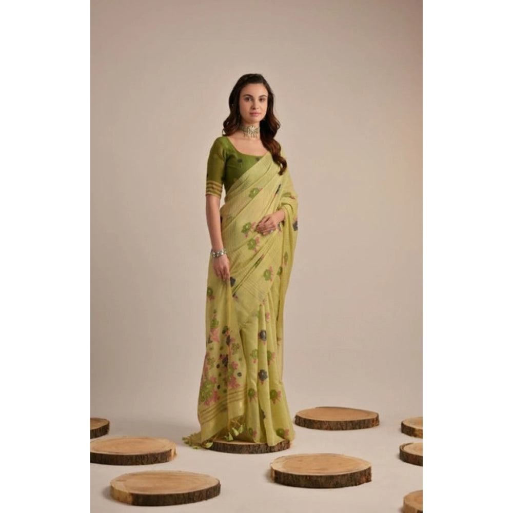 Generic Women's Blended_Cotton Floral Motifs And Woven Buttas Saree With Unstitched Blouse 5.5MtrÂ (Light_Green)