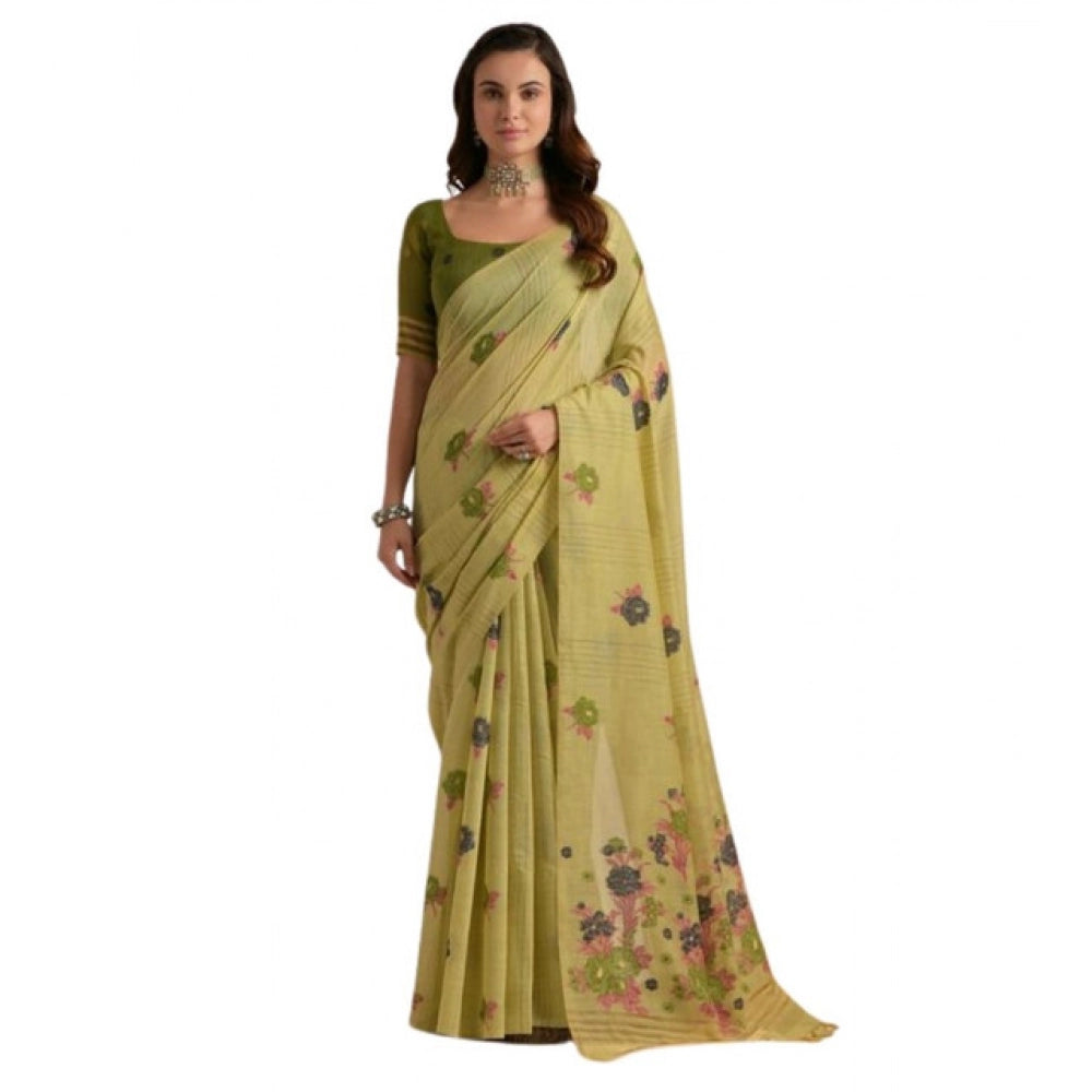 Generic Women's Blended_Cotton Floral Motifs And Woven Buttas Saree With Unstitched Blouse 5.5MtrÂ (Light_Green)