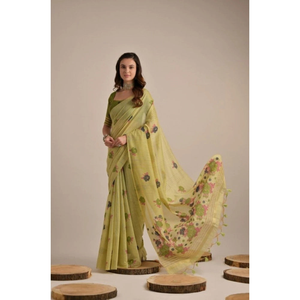 Generic Women's Blended_Cotton Floral Motifs And Woven Buttas Saree With Unstitched Blouse 5.5MtrÂ (Light_Green)