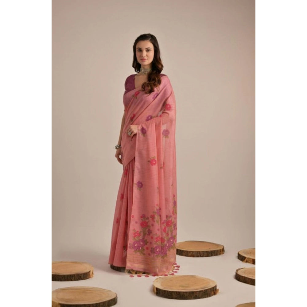 Generic Women's Blended_Cotton Floral Motifs And Woven Buttas Saree With Unstitched Blouse 5.5MtrÂ (Pink)