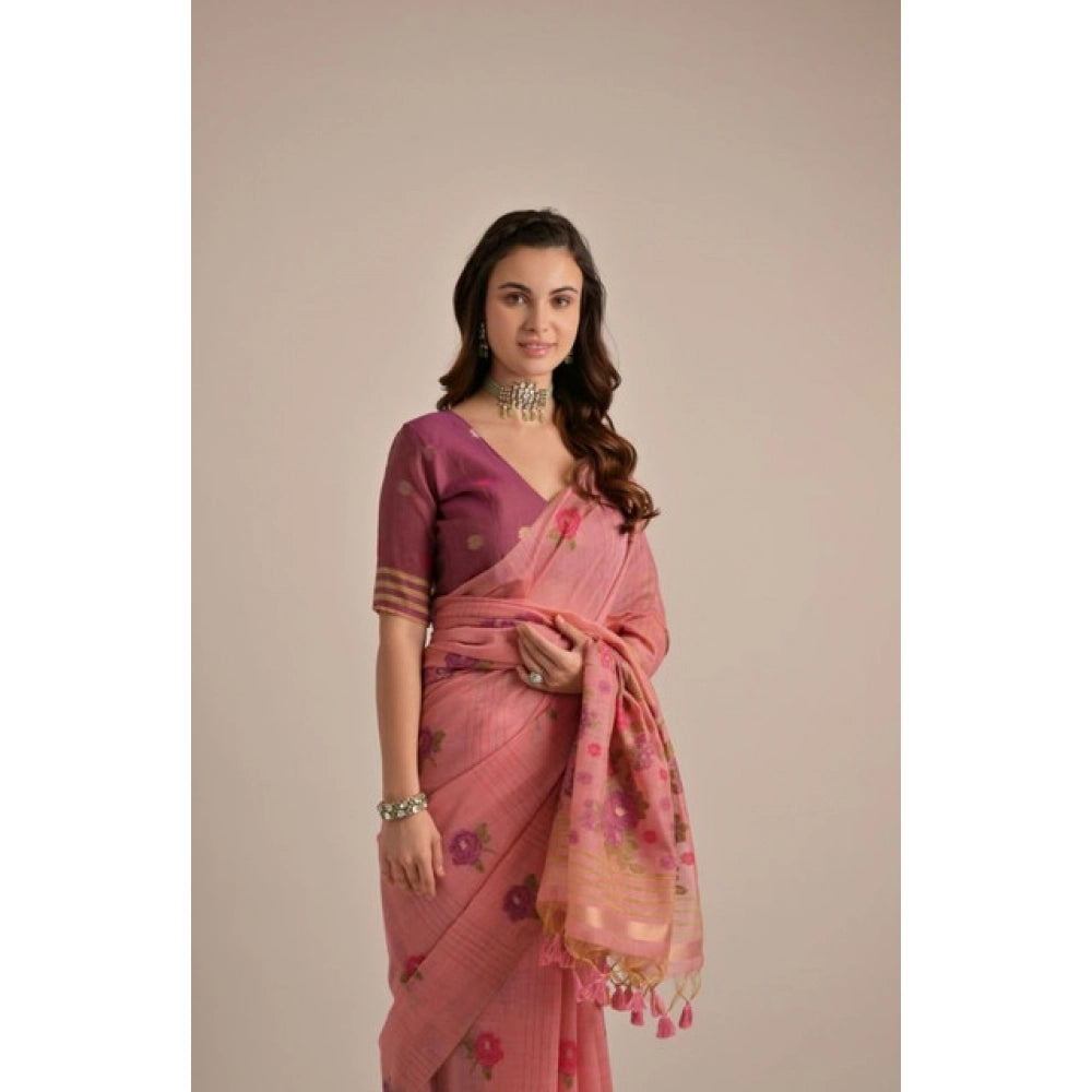 Generic Women's Blended_Cotton Floral Motifs And Woven Buttas Saree With Unstitched Blouse 5.5MtrÂ (Pink)
