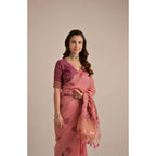 Generic Women's Blended_Cotton Floral Motifs And Woven Buttas Saree With Unstitched Blouse 5.5MtrÂ (Pink)