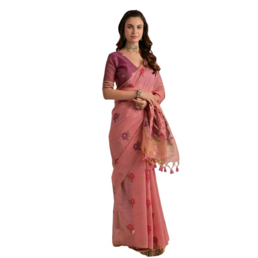 Generic Women's Blended_Cotton Floral Motifs And Woven Buttas Saree With Unstitched Blouse 5.5MtrÂ (Pink)
