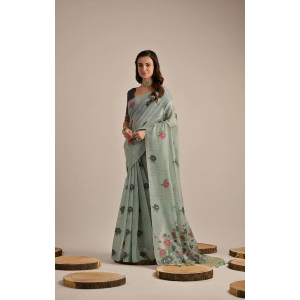 Generic Women's Blended_Cotton Floral Motifs And Woven Buttas Saree With Unstitched Blouse 5.5MtrÂ (Teal)