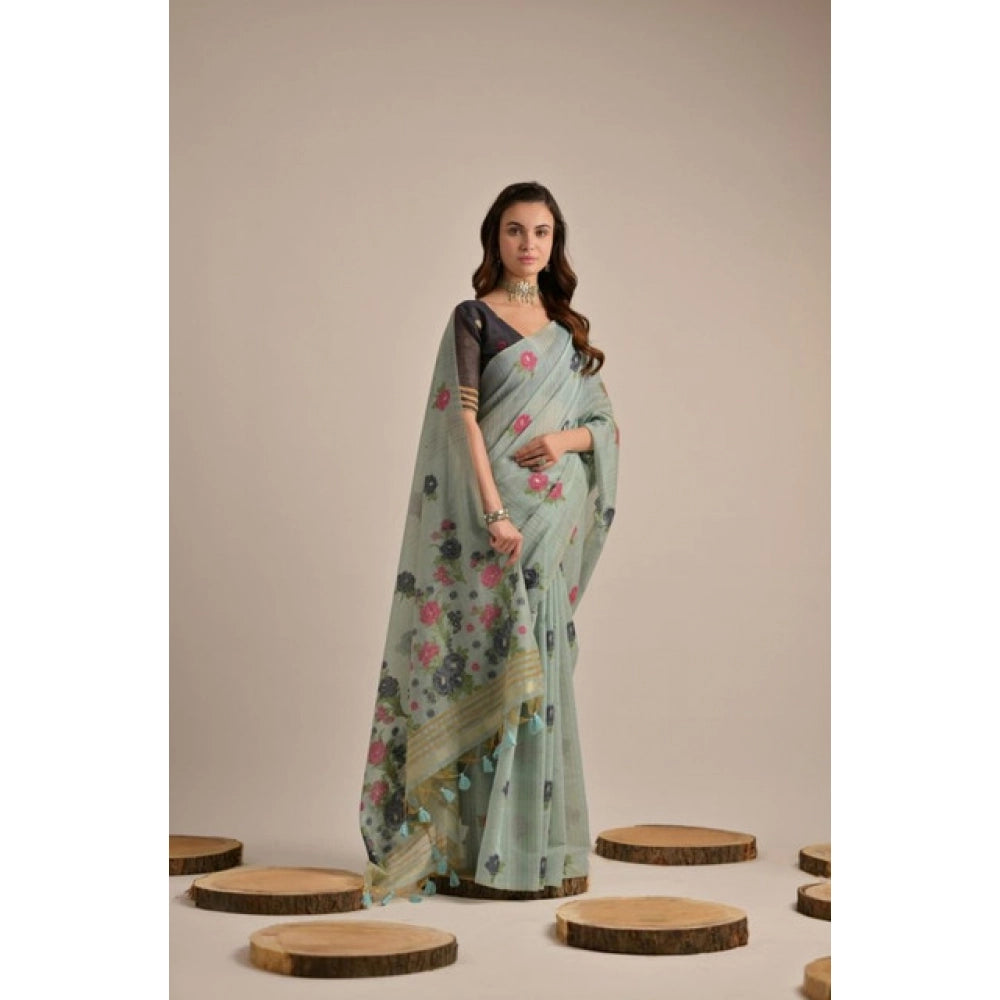 Generic Women's Blended_Cotton Floral Motifs And Woven Buttas Saree With Unstitched Blouse 5.5MtrÂ (Teal)