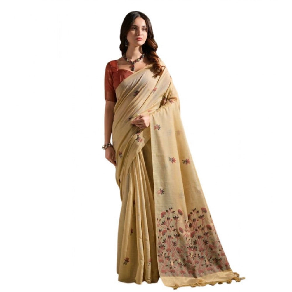 Generic Women's Blended_Cotton Floral Saree With Unstitched Blouse 5.5MtrÂ (Beige)