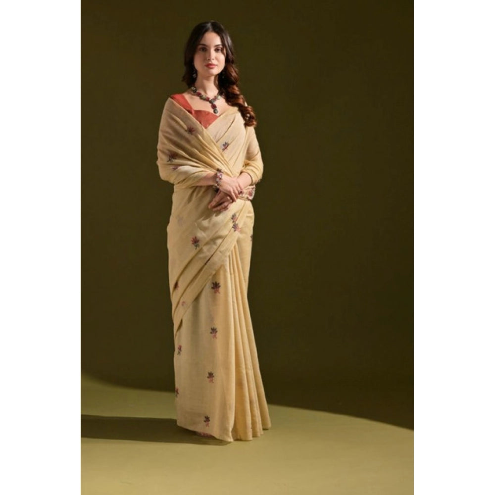 Generic Women's Blended_Cotton Floral Saree With Unstitched Blouse 5.5MtrÂ (Beige)