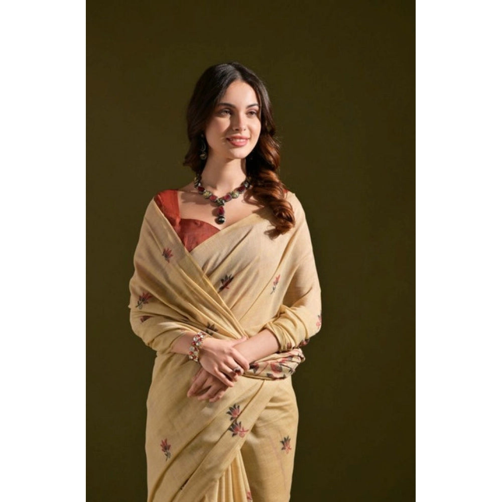 Generic Women's Blended_Cotton Floral Saree With Unstitched Blouse 5.5MtrÂ (Beige)
