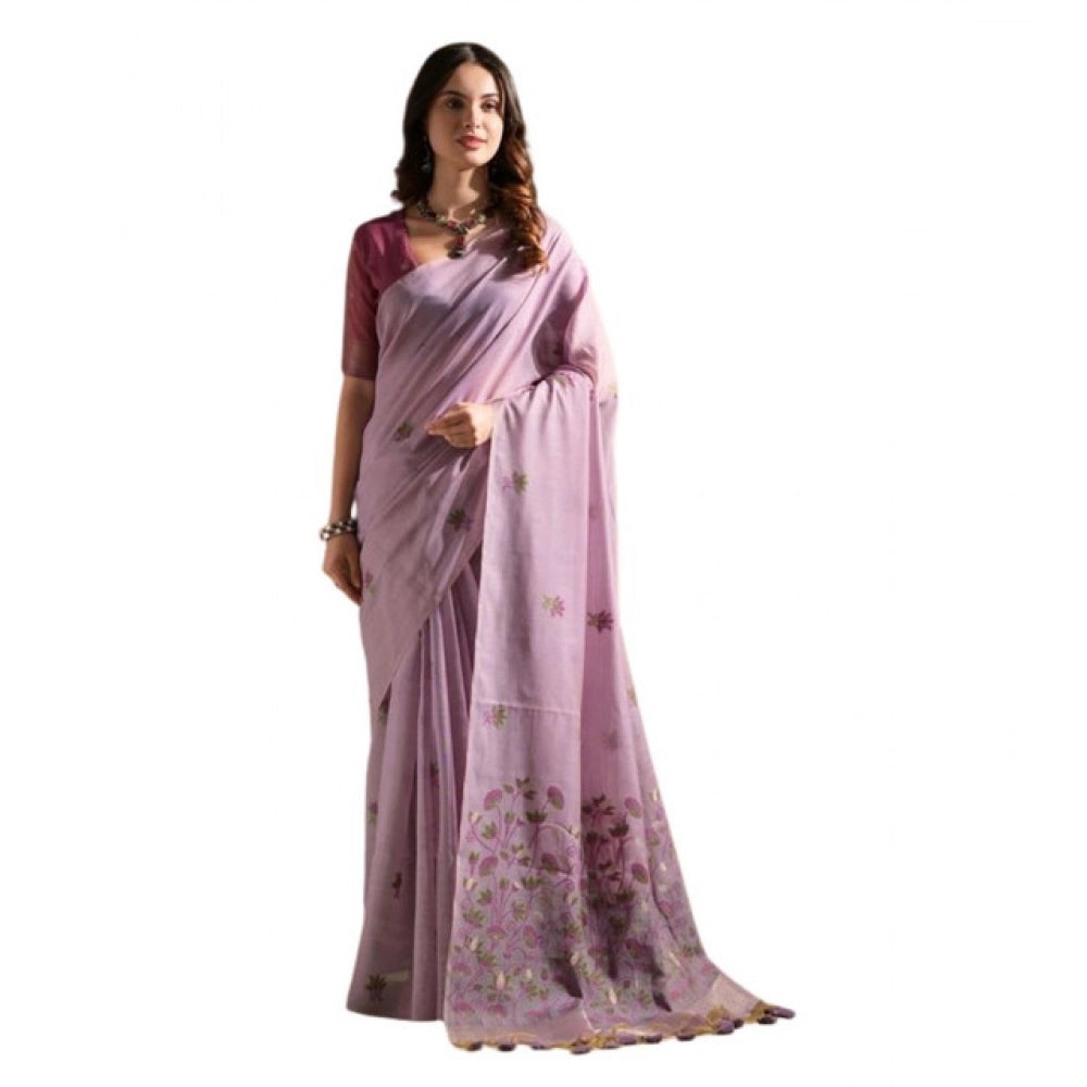 Generic Women's Blended_Cotton Floral Saree With Unstitched Blouse 5.5MtrÂ (Lavender)