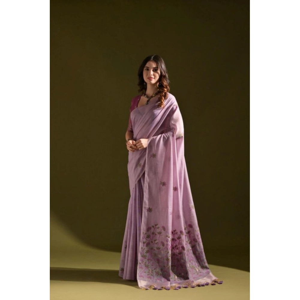 Generic Women's Blended_Cotton Floral Saree With Unstitched Blouse 5.5MtrÂ (Lavender)