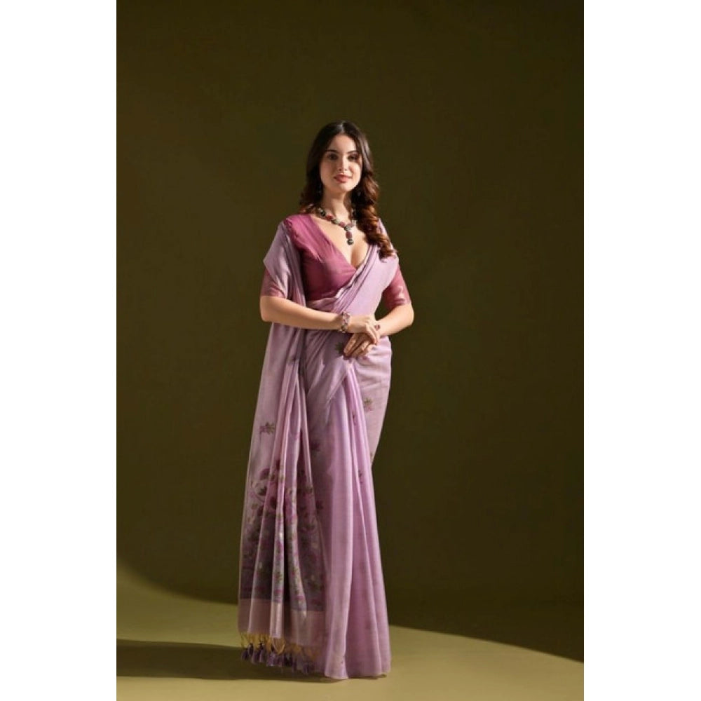 Generic Women's Blended_Cotton Floral Saree With Unstitched Blouse 5.5MtrÂ (Lavender)