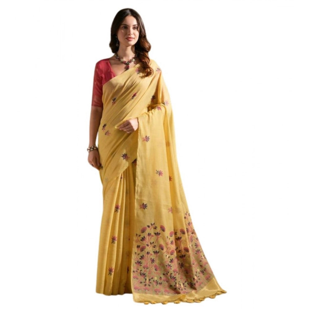 Generic Women's Blended_Cotton Floral Saree With Unstitched Blouse 5.5MtrÂ (Mustard)