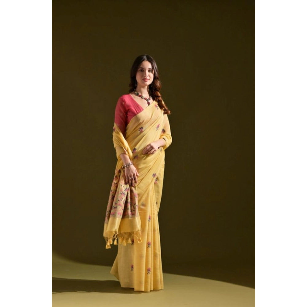 Generic Women's Blended_Cotton Floral Saree With Unstitched Blouse 5.5MtrÂ (Mustard)