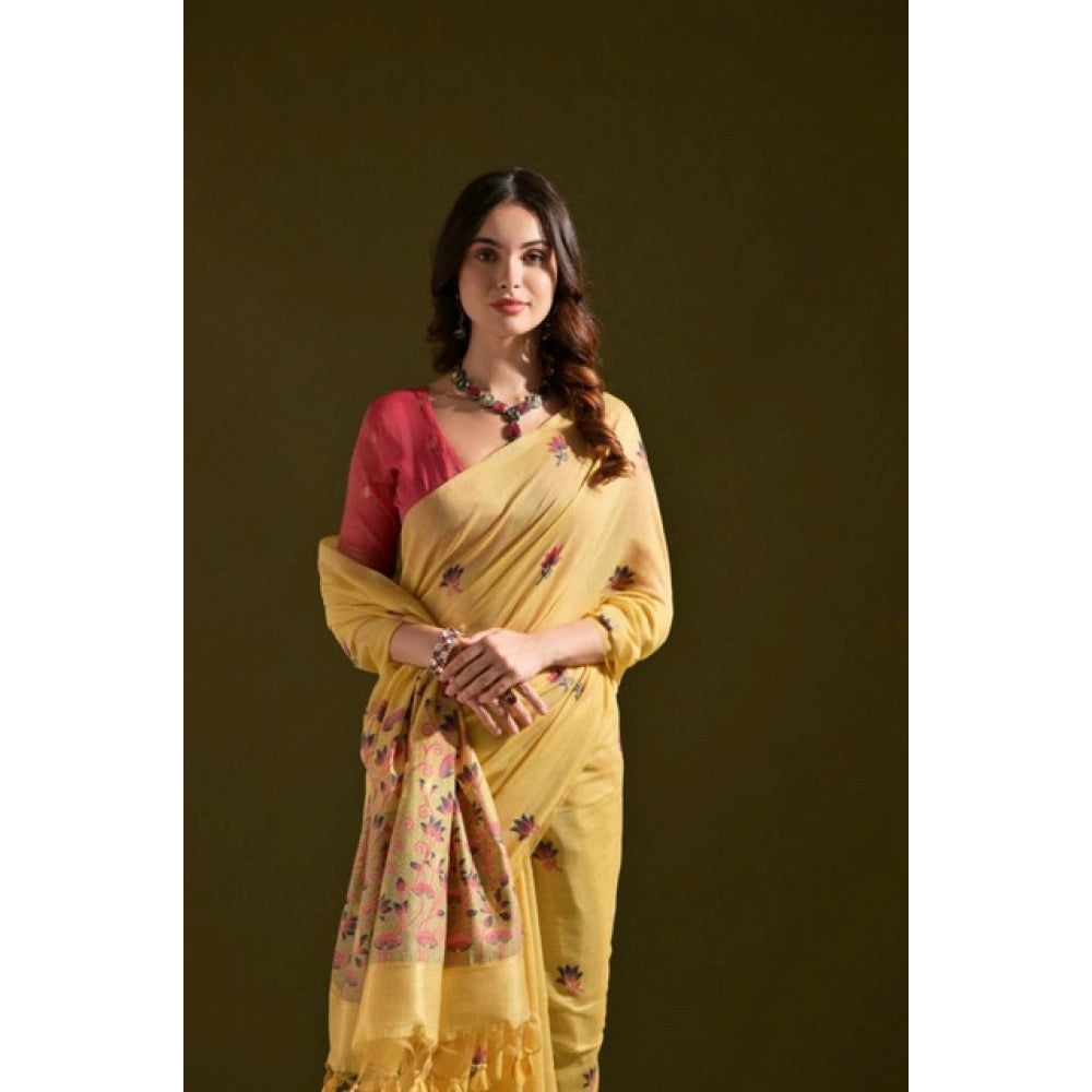 Generic Women's Blended_Cotton Floral Saree With Unstitched Blouse 5.5MtrÂ (Mustard)