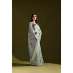 Generic Women's Blended_Cotton Floral Saree With Unstitched Blouse 5.5MtrÂ (Aqua_Blue)