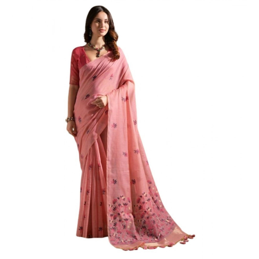 Generic Women's Blended_Cotton Floral Saree With Unstitched Blouse 5.5MtrÂ (Pink)