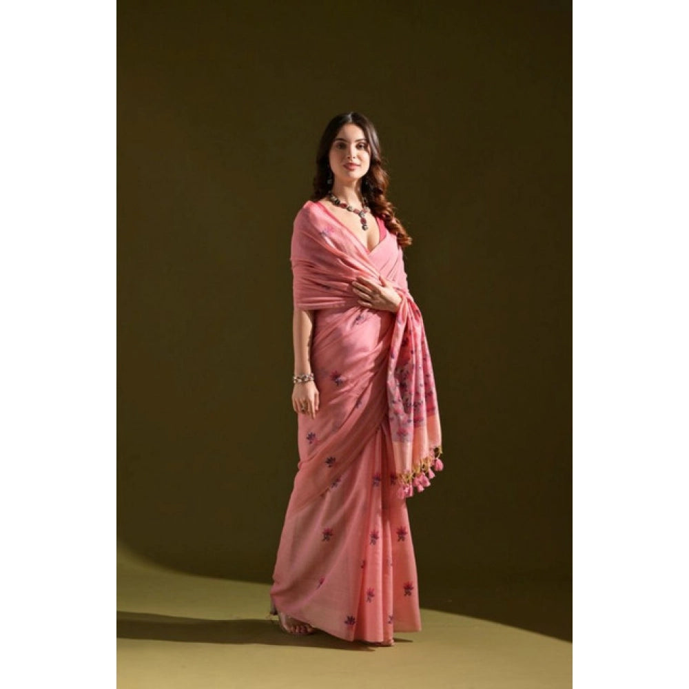 Generic Women's Blended_Cotton Floral Saree With Unstitched Blouse 5.5MtrÂ (Pink)