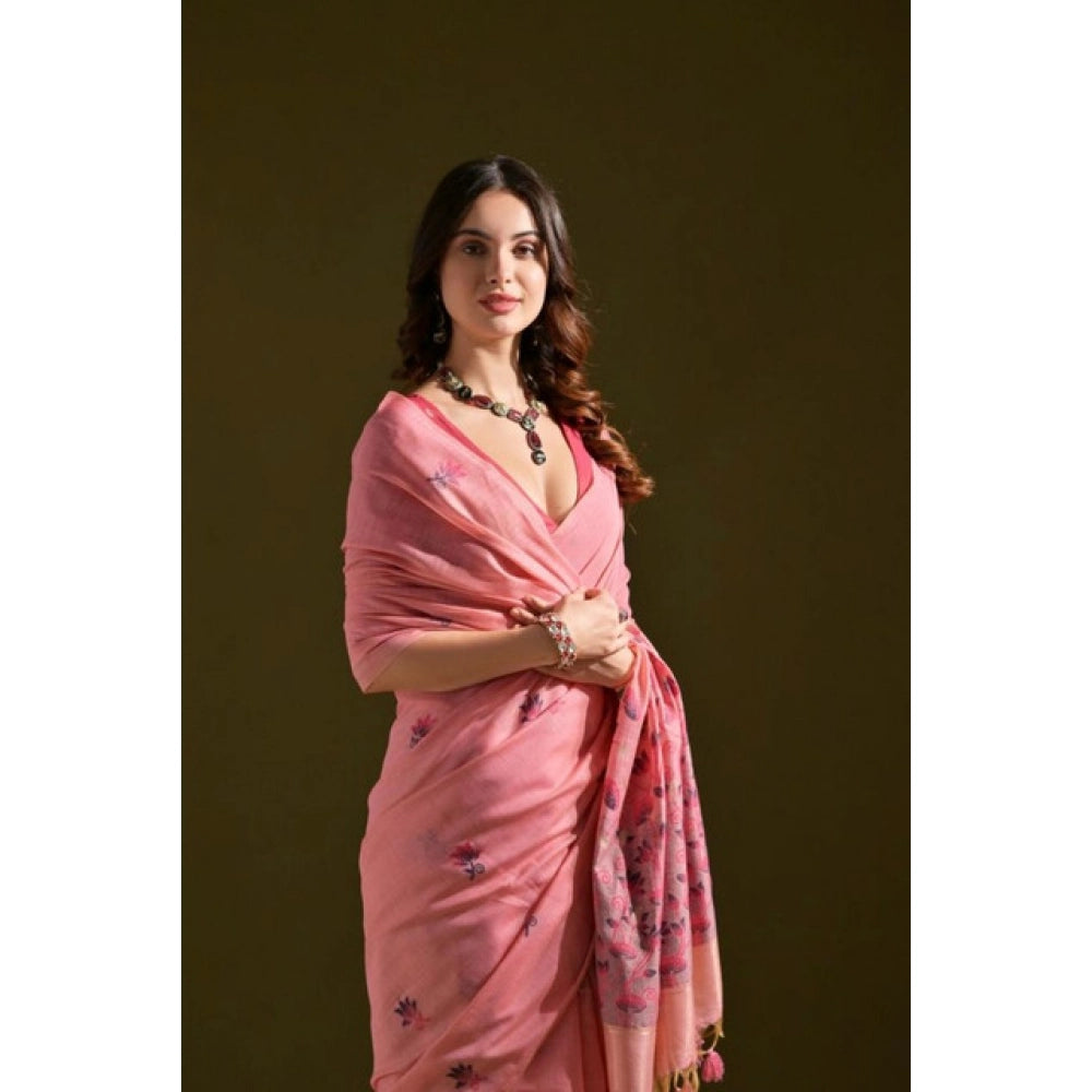 Generic Women's Blended_Cotton Floral Saree With Unstitched Blouse 5.5MtrÂ (Pink)