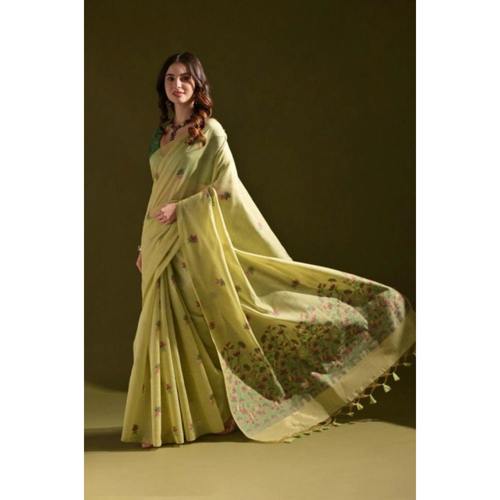 Generic Women's Blended_Cotton Floral Saree With Unstitched Blouse 5.5MtrÂ (Light_Green)
