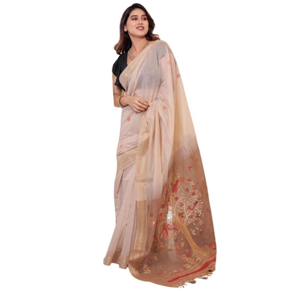 Generic Women's Blended_Cotton Woven_Motifs Saree With Unstitched Blouse 5.5MtrÂ (Light_Beige)
