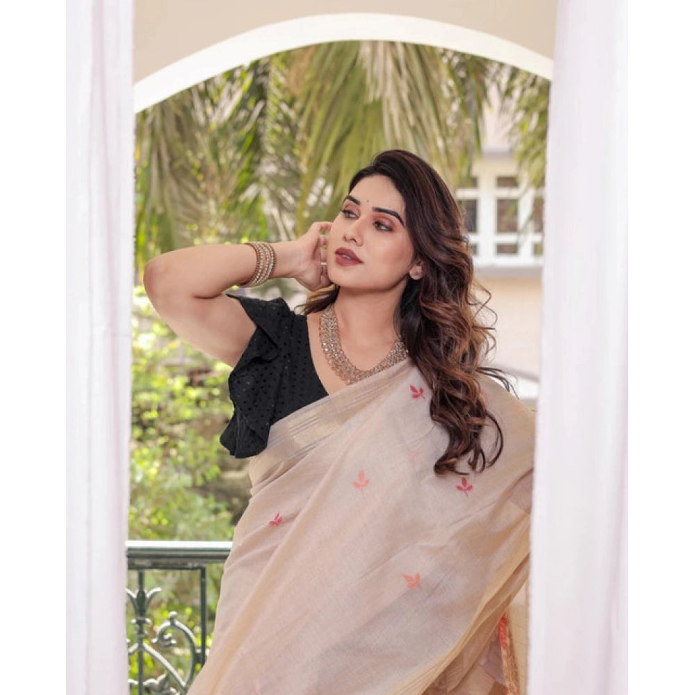 Generic Women's Blended_Cotton Woven_Motifs Saree With Unstitched Blouse 5.5MtrÂ (Light_Beige)