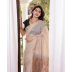 Generic Women's Blended_Cotton Woven_Motifs Saree With Unstitched Blouse 5.5MtrÂ (Light_Beige)