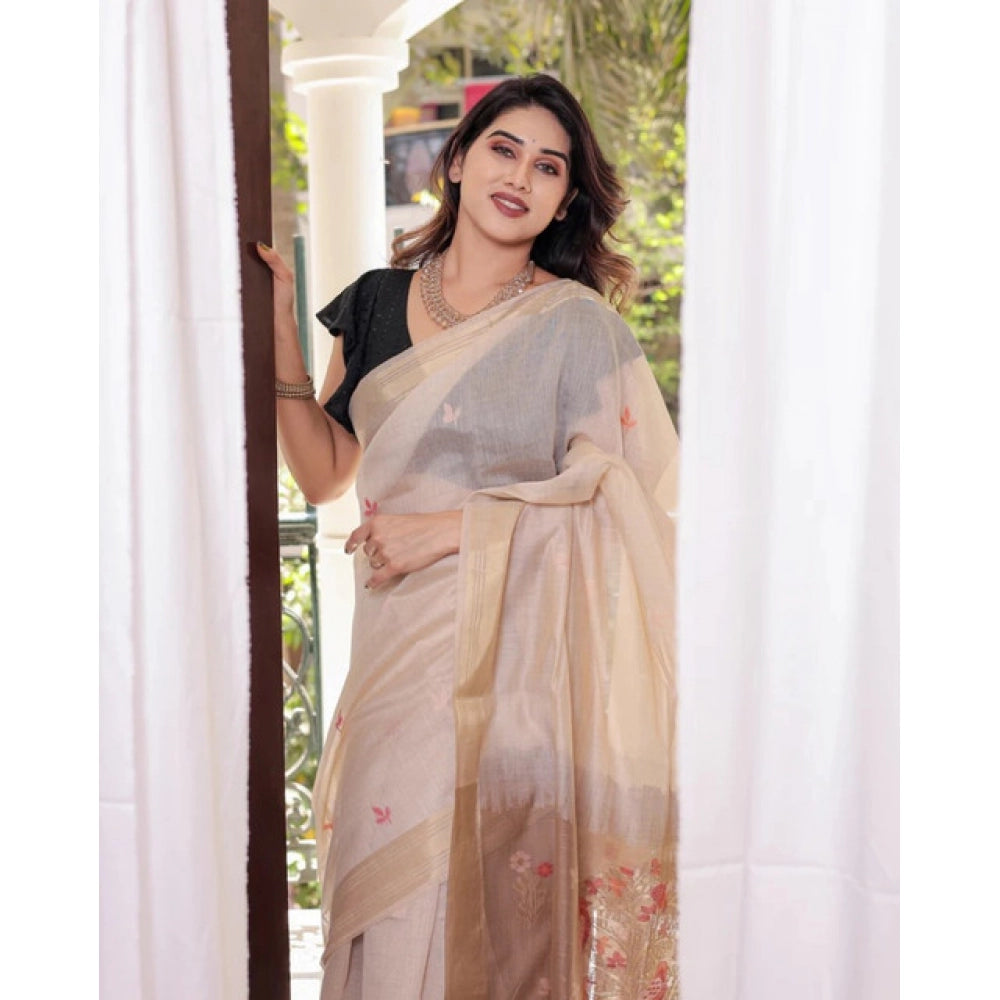 Generic Women's Blended_Cotton Woven_Motifs Saree With Unstitched Blouse 5.5MtrÂ (Light_Beige)