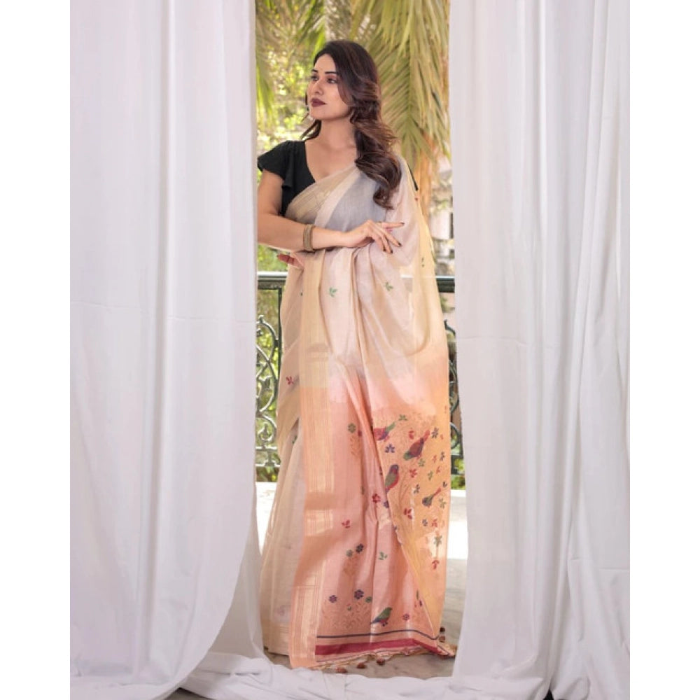 Generic Women's Blended_Cotton Woven_Motifs Saree With Unstitched Blouse 5.5MtrÂ (Peach)