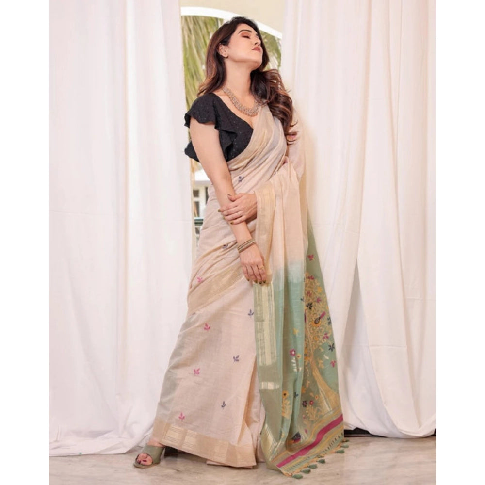 Generic Women's Blended_Cotton Woven_Motifs Saree With Unstitched Blouse 5.5MtrÂ (Rama_Green)