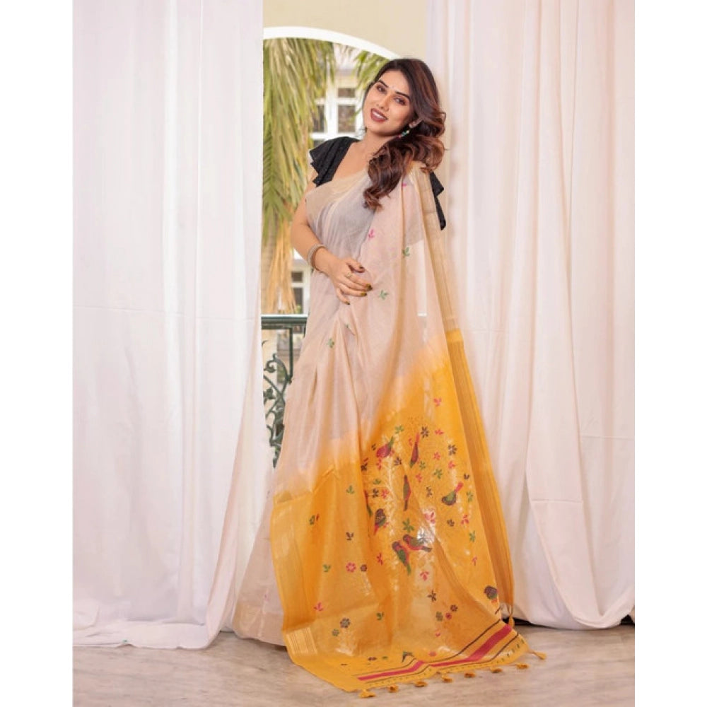 Generic Women's Blended_Cotton Woven_Motifs Saree With Unstitched Blouse 5.5MtrÂ (Yellow)