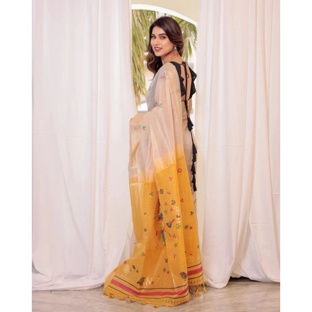 Generic Women's Blended_Cotton Woven_Motifs Saree With Unstitched Blouse 5.5MtrÂ (Yellow)