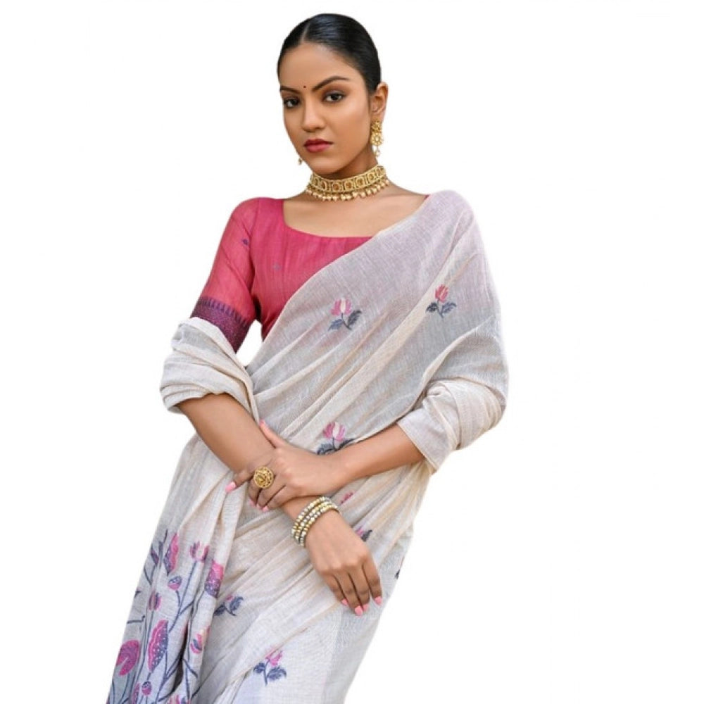 Generic Women's Blended_Cotton Floral Weaving Pattern Saree With Unstitched Blouse 5.5MtrÂ (Blue)