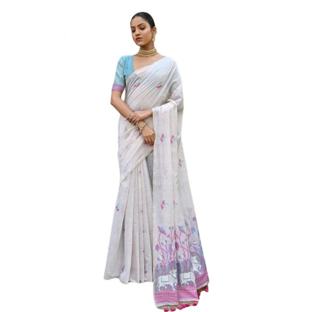 Generic Women's Blended_Cotton Floral Weaving Pattern Saree With Unstitched Blouse 5.5MtrÂ (Pink)